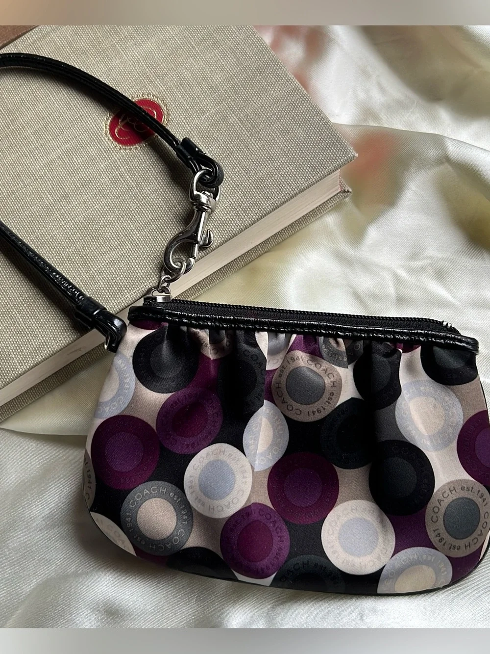 Coach Vintage Multicolor Purple Satin Signature Circles pattern Zip Wristlet Bag
